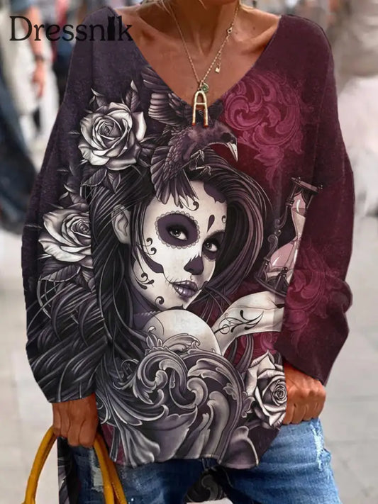 Retro Dark Punk Skull Print Modische V-Ausschnitt Pullover Lang Ärmel Iges Oberteil