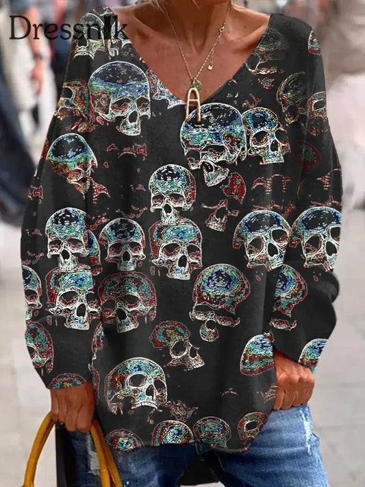 Retro Dark Punk Skull Print Modische V-Ausschnitt Pullover Lang Ärmel Iges Oberteil