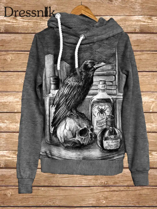 Retro Dark Skull Crow Kunstdruck Mode Kapuzen-Sweatshirt Mit Langen Ärmeln