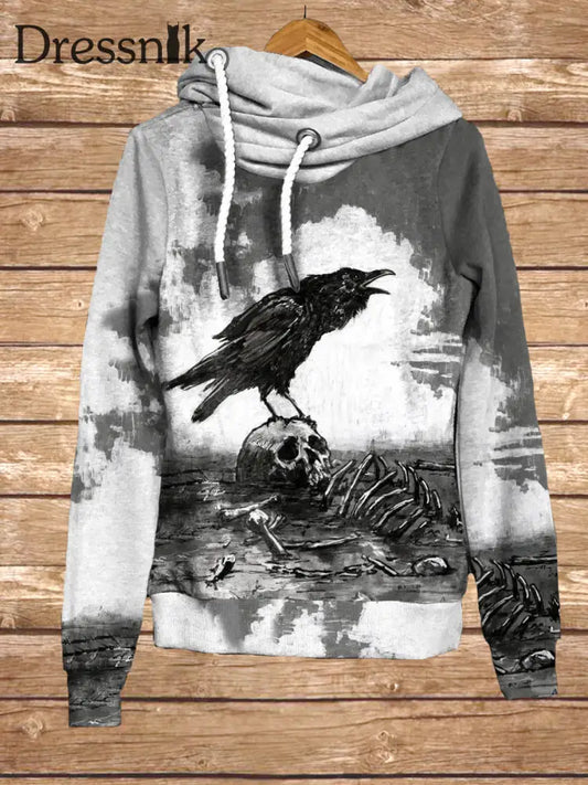 Retro Dark Skull Crow Kunstdruck Mode Kapuzen-Sweatshirt Mit Langen Ärmeln