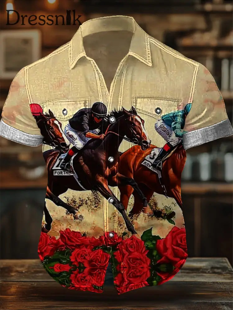 Retro Derby Pferd Kunst Textur Bedrucktes Rundhals knopf Taschen Leinen Mitte Langarm Hemd A / S