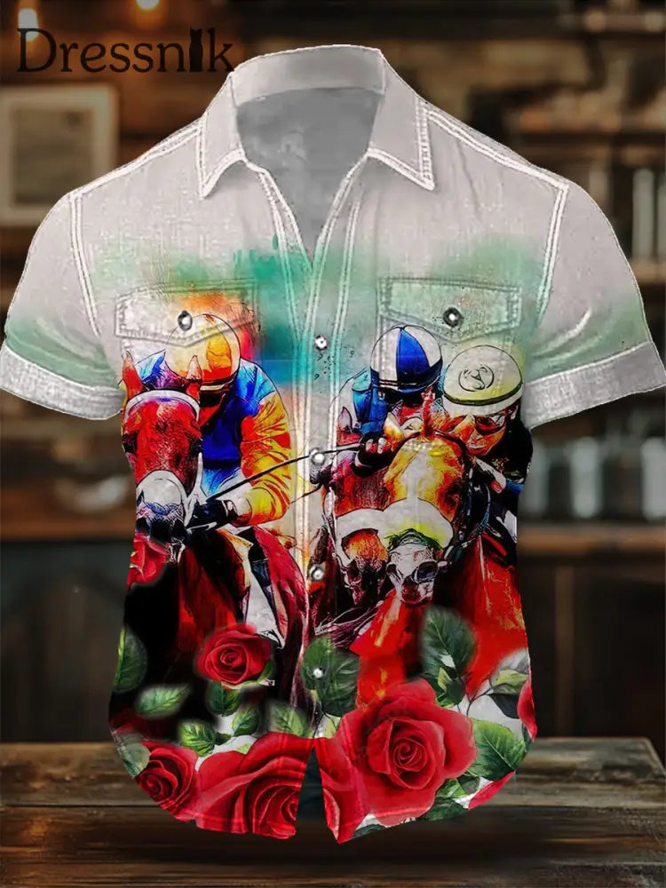 Retro Derby Pferd Kunst Textur Bedrucktes Rundhals knopf Taschen Leinen Mitte Langarm Hemd A / S