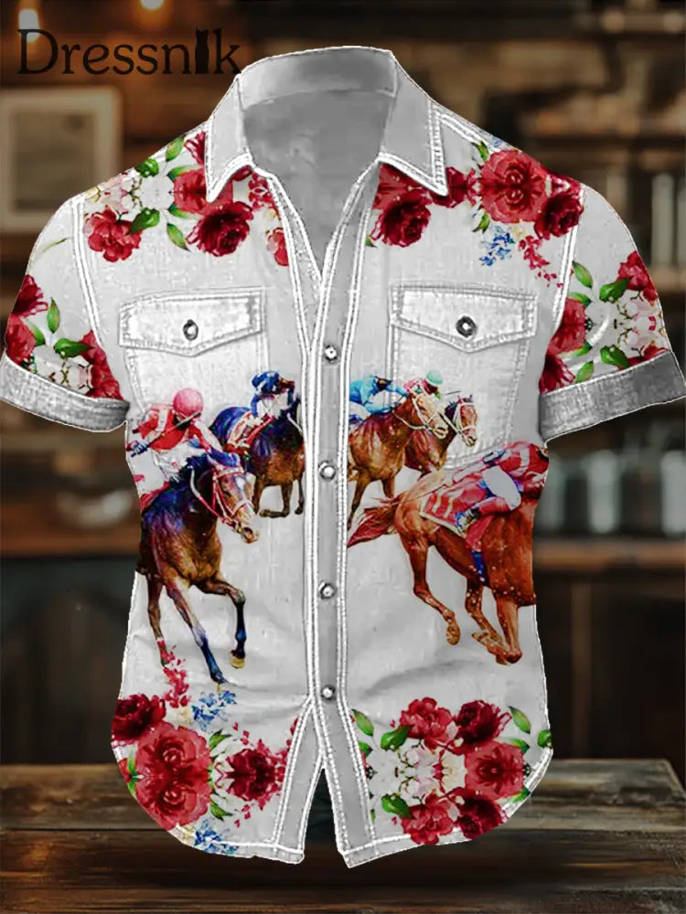 Retro Derby Pferd Kunst Textur Bedrucktes Rundhals knopf Taschen Leinen Mitte Langarm Hemd A / S