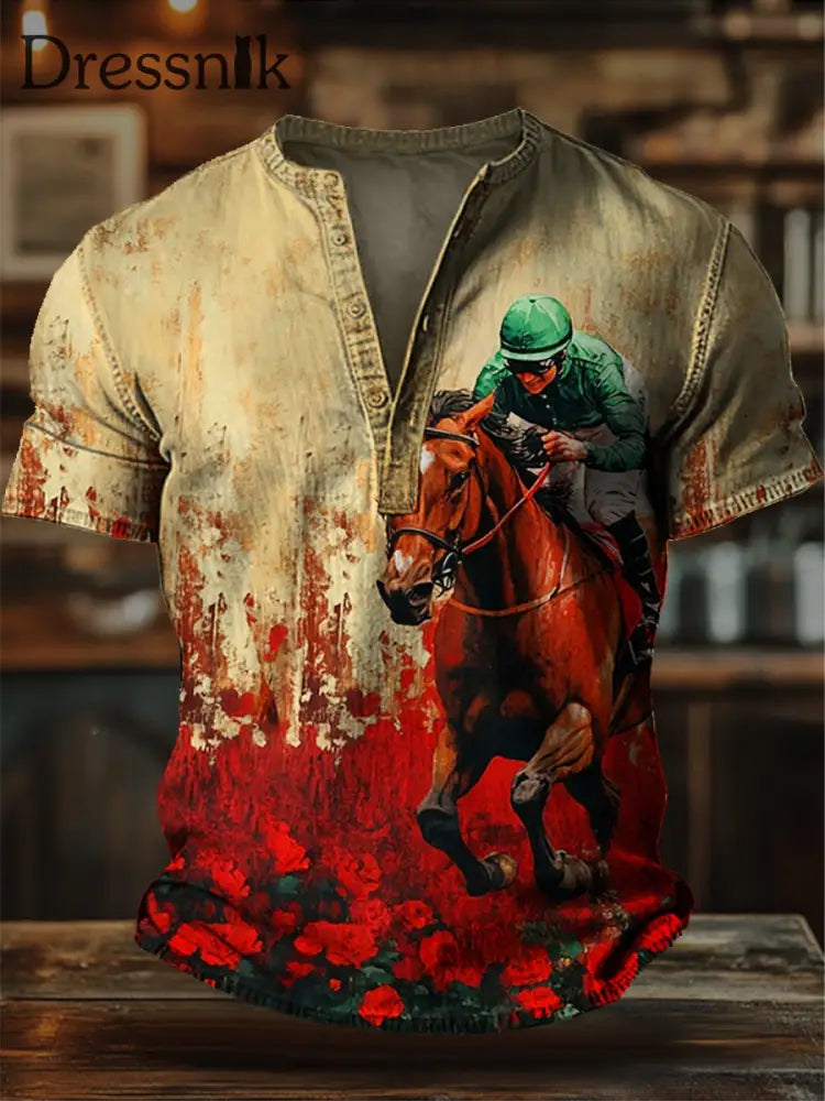 Retro Derby Pferd Kunst Textur Muster bedrucktes Dorf V-Ausschnitt Henry Stil Kurzarm Hemd A / S