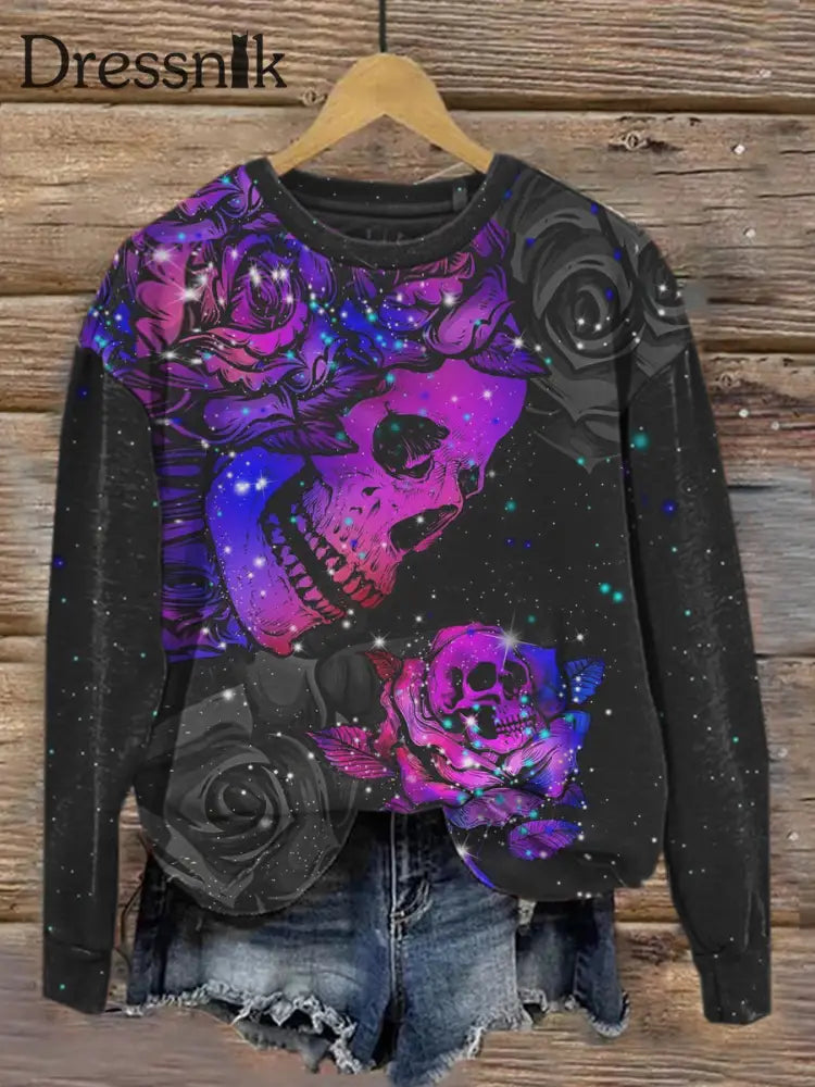 Retro Dunkel Schön Gothic Print Modische Rundhals Pullover Langarm Top