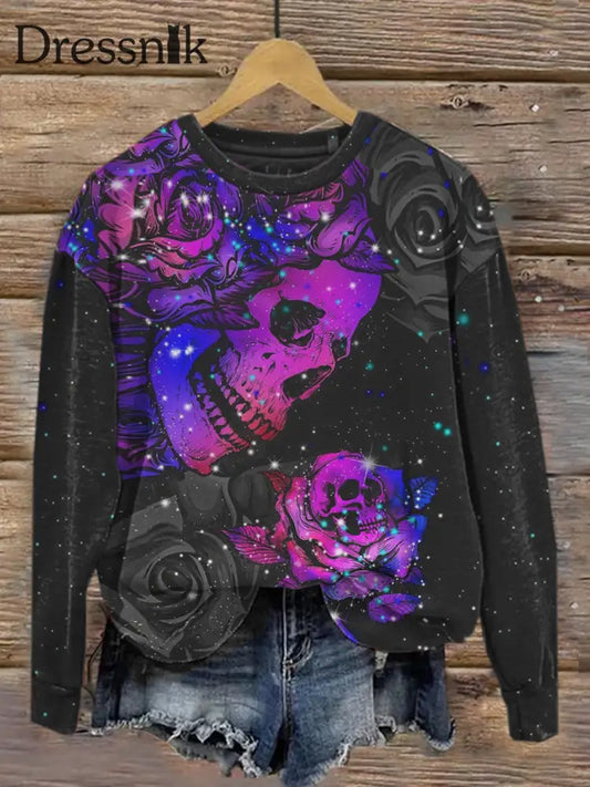 Retro Dunkel Schön Gothic Print Modische Rundhals Pullover Langarm Top