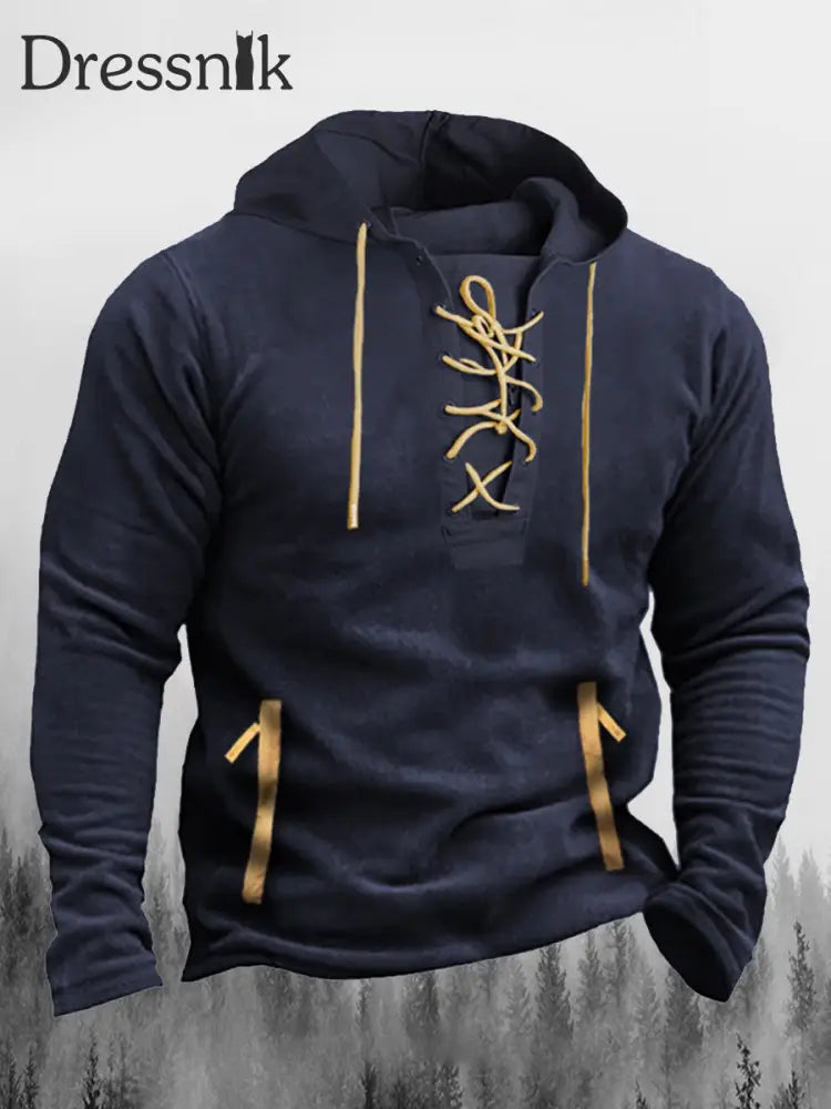 Retro Einfach Nähen V-Ausschnitt Spleiß Gurt Freizeit Henley Langarm Hoodie