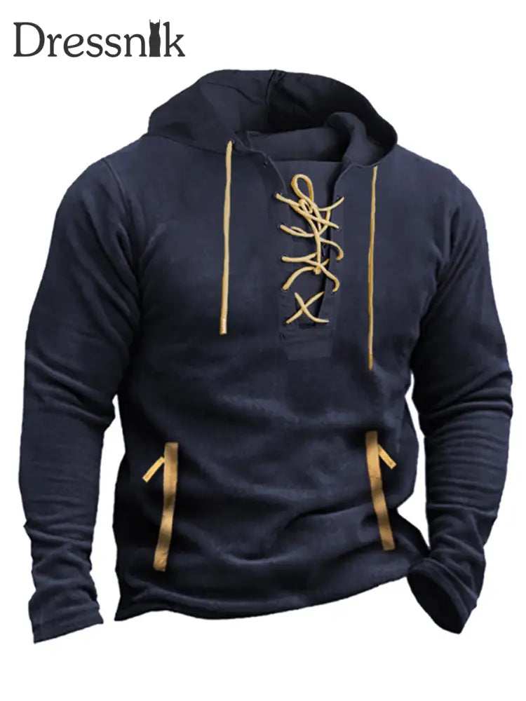 Retro Einfach Nähen V-Ausschnitt Spleiß Gurt Freizeit Henley Langarm Hoodie