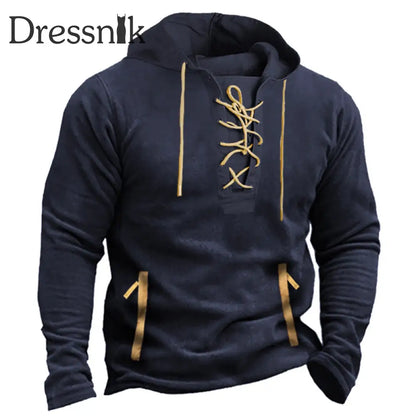 Retro Einfach Nähen V-Ausschnitt Spleiß Gurt Freizeit Henley Langarm Hoodie Dunkelblau / S