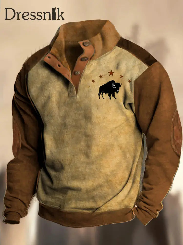 Retro Elch Muster Gedruckt Western Vintage Henry Knopf V-Ausschnitt Outdoor Dickes Sweatshirt A / S