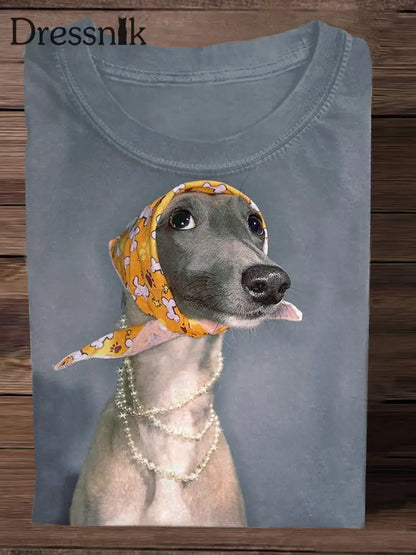 Retro Elegante Hunde Dame Print Mode T-Shirt