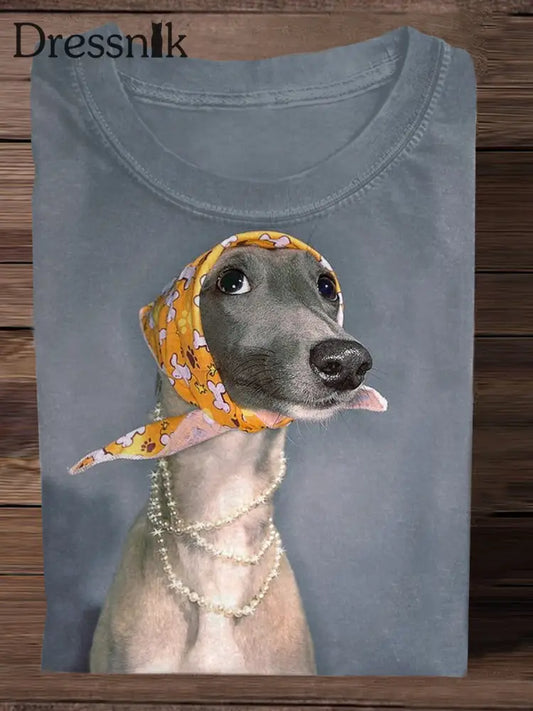 Retro Elegante Hunde Dame Print Mode T-Shirt