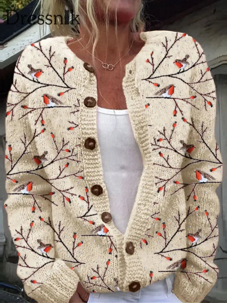 Retro Elegante Tier Kunst Vogel Druck Chic Knopf Dick Lang Ärmelig Strickjacke A / S