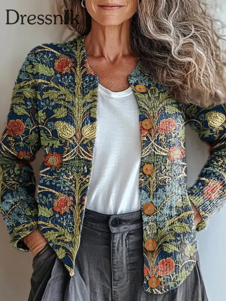 Retro Eleganter Kunstdruck Chic Knopf Dick Lang Ärmelig Strickjacke Pullover A / S