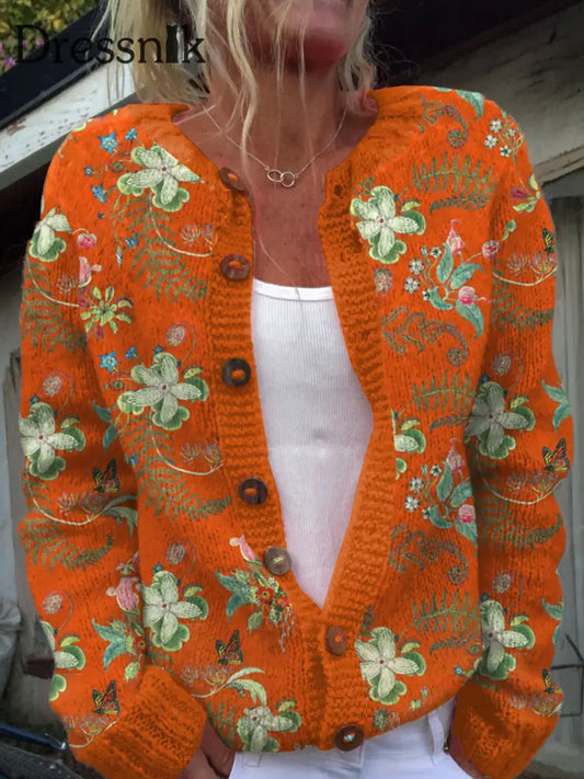 Retro Eleganter Kunstdruck Chic Knopf Dick Lang Ärmelig Strickjacke Pullover A / S