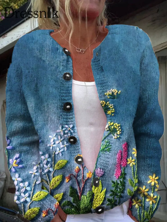 Retro Eleganter Kunstdruck Chic Knopf Dick Lang Ärmelig Strickjacke Pullover A / S
