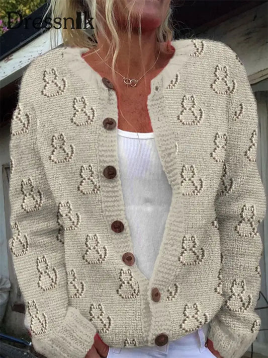 Retro Eleganter Kunstdruck Chic Knopf Dick Lang Ärmelig Strickjacke Pullover A / S