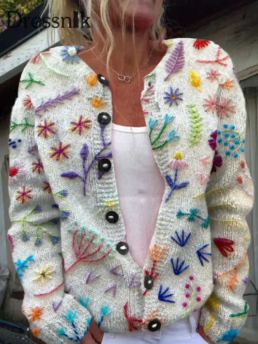 Retro Eleganter Kunstdruck Chic Knopf Dick Lang Ärmelig Strickjacke Pullover A / S