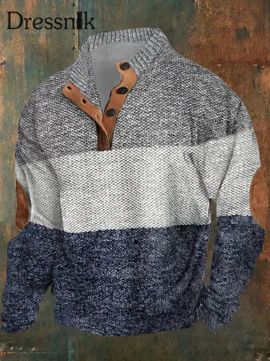 Retro-Farb Block Bedruckter Ständer Revers Kragen Knopf Bündig Outdoor-Sweatshirt A / S