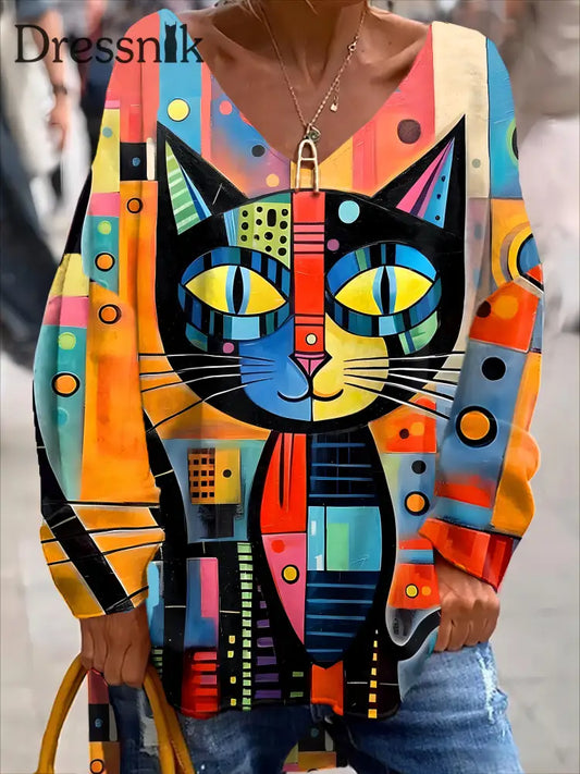 Retro Farbe Kitten Kunst V-Ausschnitt Pullover Lang Ärmel Iges Top