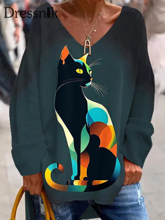 Retro Farbe Kitten Kunstdruck Modische V-Ausschnitt Pullover Lang Ärmel Iges Top