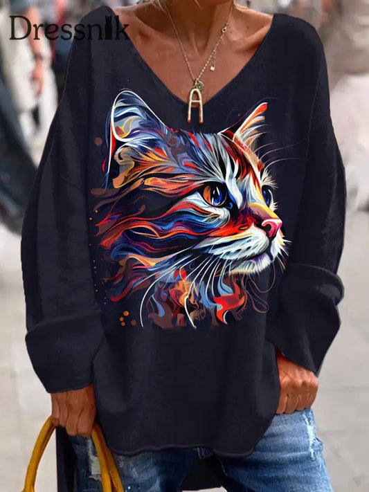 Retro Farbe Kitten Kunstdruck Modische V-Ausschnitt Pullover Lang Ärmel Iges Top