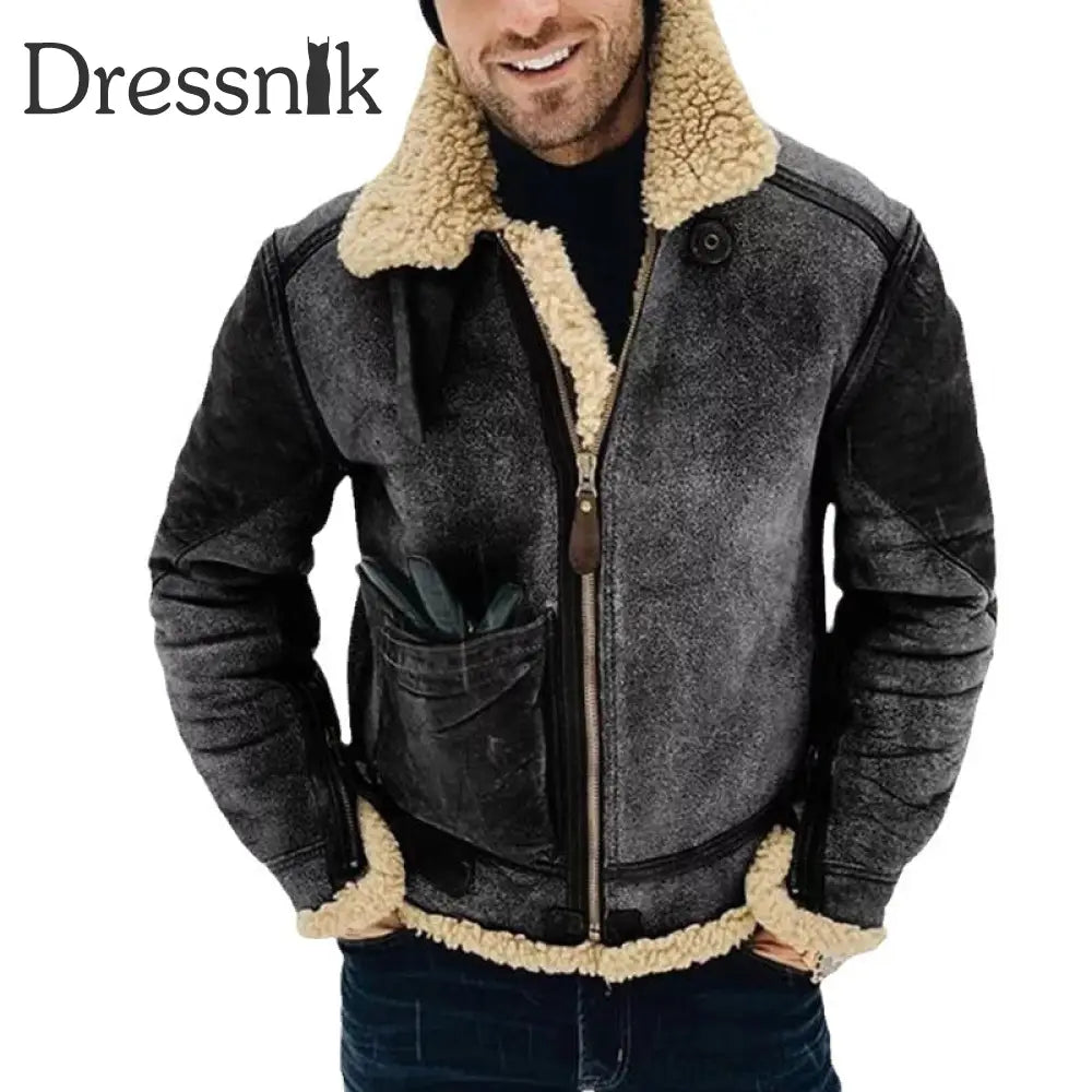 Retro Faux Pelz Jacke Warme Herren Dicke Kontrast Farbe Dunkelgrau / M