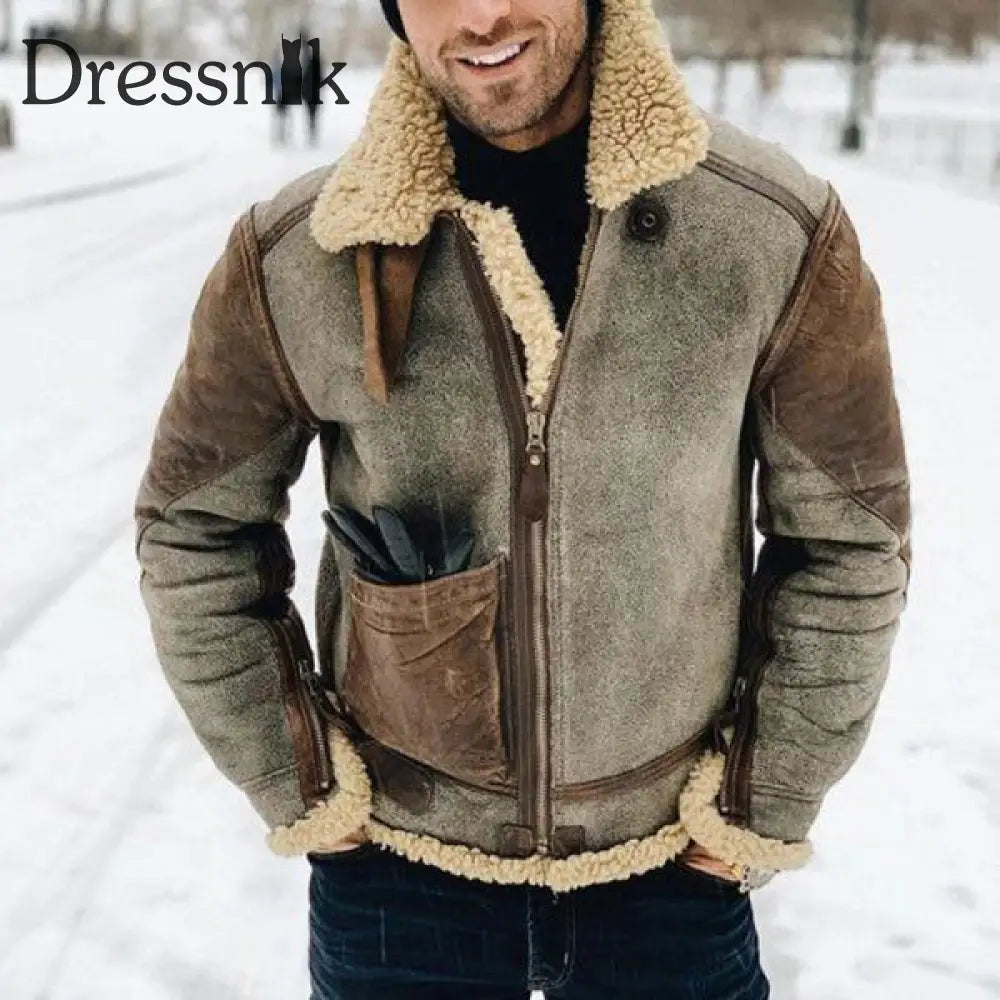 Retro Faux Pelz Jacke Warme Herren Dicke Kontrast Farbe Hellgrau / M