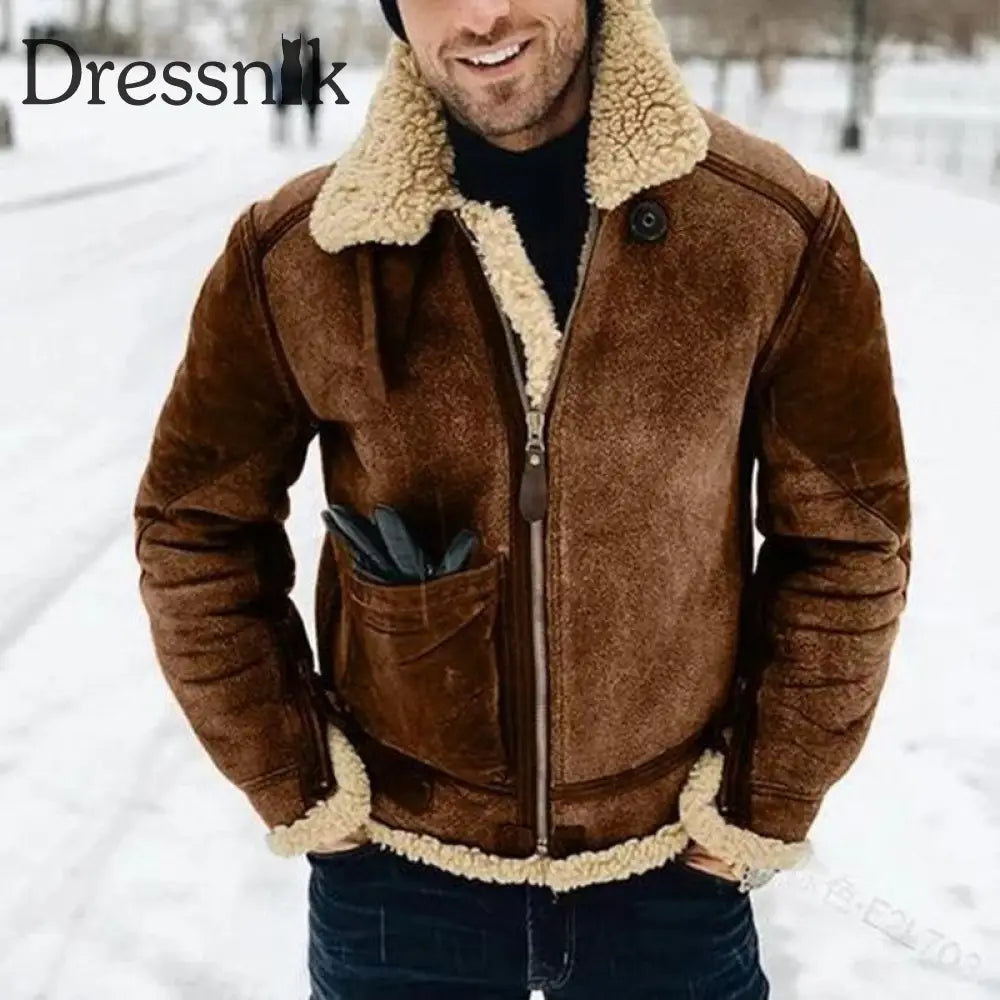 Retro Faux Pelz Jacke Warme Herren Dicke Kontrast Farbe Kamel / M