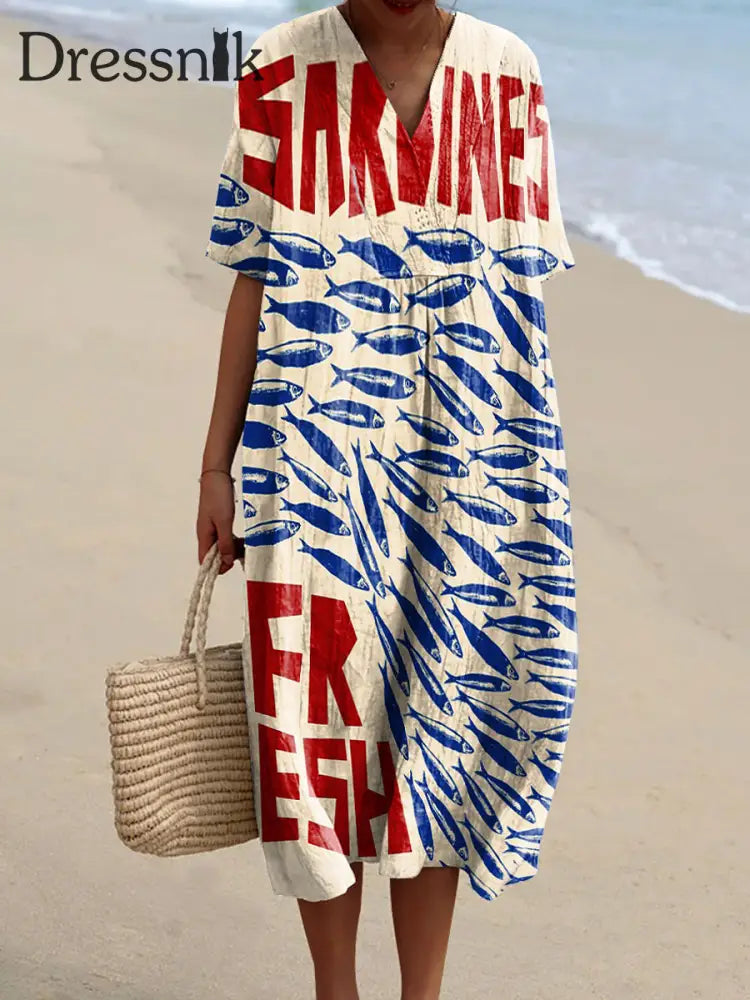 Retro-Fisch-Print V-Ausschnitt Elegantes schickes kurzärmliges Midi-Kleid A / S