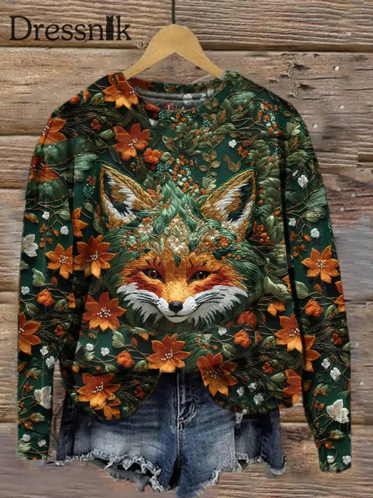 Retro Fox Printing Mode Rundhals Langarm Top