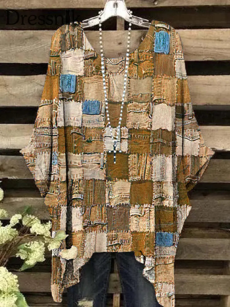 Retro-geometrisches Patchwork-Bedrucktes kurzärmliges Damen oberteil Khaki / S