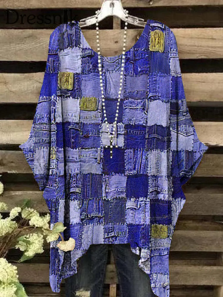 Retro-geometrisches Patchwork-Bedrucktes kurzärmliges Damen oberteil Königsblau / S