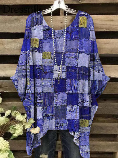 Retro-geometrisches Patchwork-Bedrucktes kurzärmliges Damen oberteil Königsblau / S