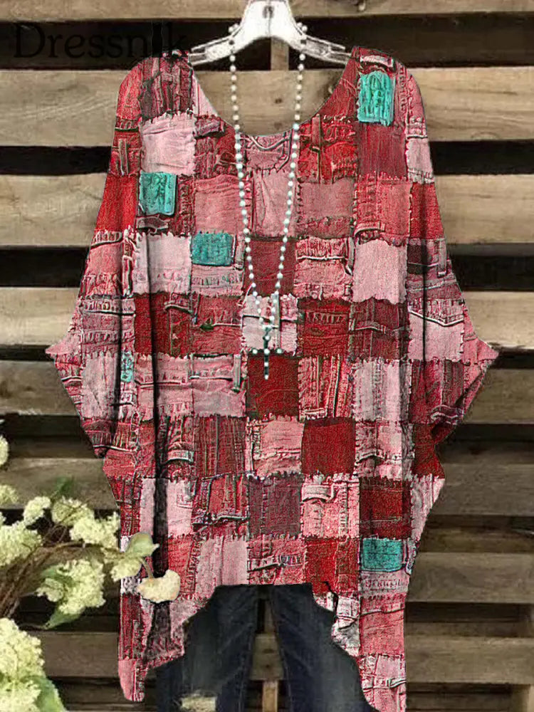 Retro-geometrisches Patchwork-Bedrucktes kurzärmliges Damen oberteil Rot / S