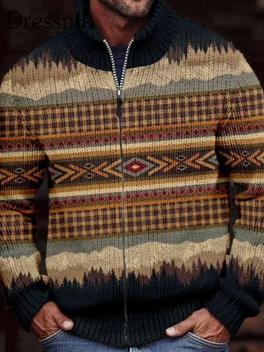 Retro gestreifte Textur muster bedrucktes Western Village V-Ausschnitt Stand kragen mit vollem Reiß verschluss
