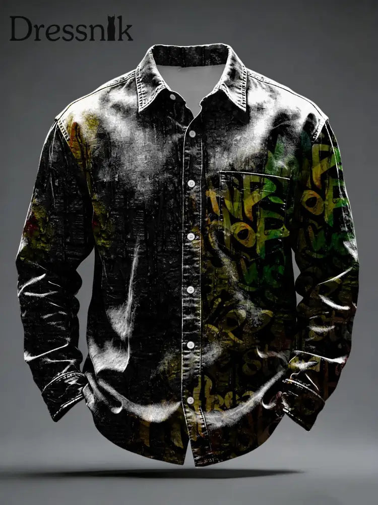 Retro-Grün-Gold-Graffiti-Text-Button-Down-Shirt für Männer mehrfarbig / S
