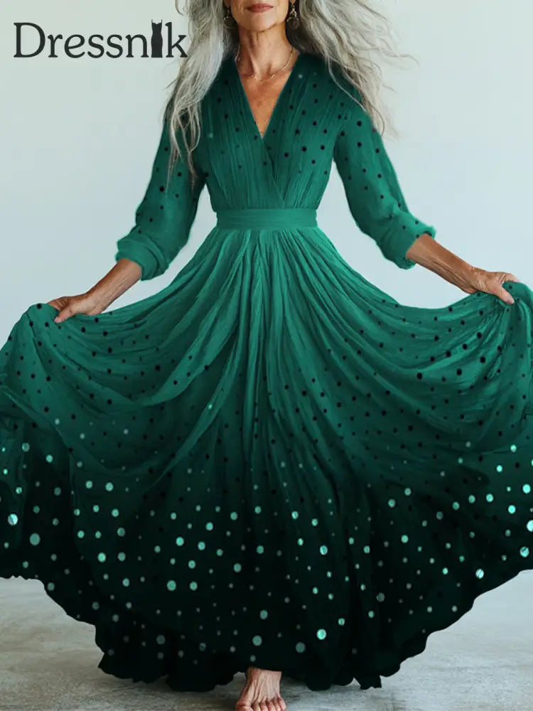 Retro-Grün-Star-Spot-Kunst bedrucktes Vintage-V-Ausschnitt-Midi-Kleid mit langen Ärmeln A / S