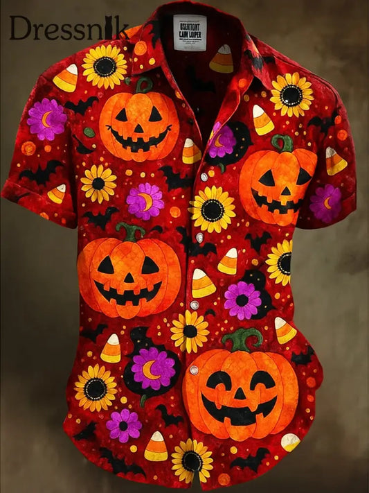 Retro Halloween Gothic Kunst Abstrakt Bedruckt Baumwolle Vintage Casual 100% Baumwolle Kurzarm Hemd A / S