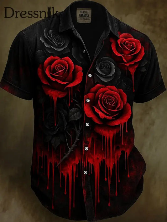 Retro Halloween Gothic Kunst Abstrakt Bedruckt Baumwolle Vintage Casual 100% Baumwolle Kurzarm Hemd A / S