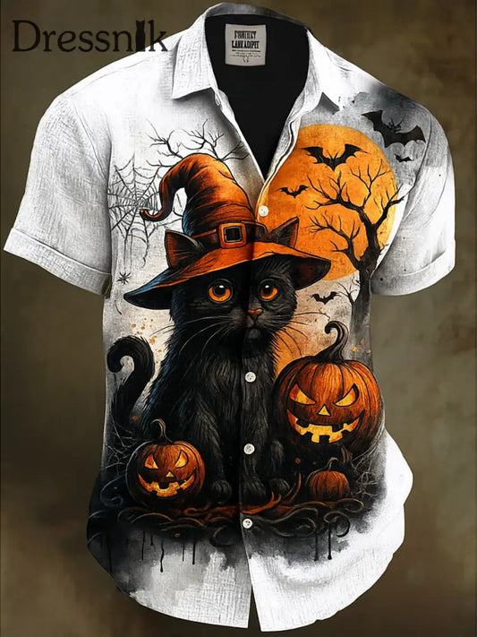Retro Halloween Gothic Kunst Abstrakt Bedruckt Baumwolle Vintage Casual 100% Baumwolle Kurzarm Hemd A / S