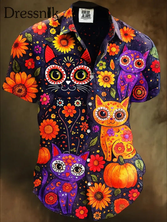 Retro Halloween Gothic Kunst Abstrakt Bedruckt Baumwolle Vintage Casual 100% Baumwolle Kurzarm Hemd A / S
