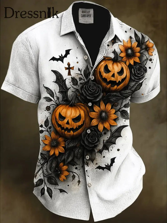 Retro Halloween Gothic Kunst Abstrakt Bedruckt Baumwolle Vintage Casual 100% Baumwolle Kurzarm Hemd A / S