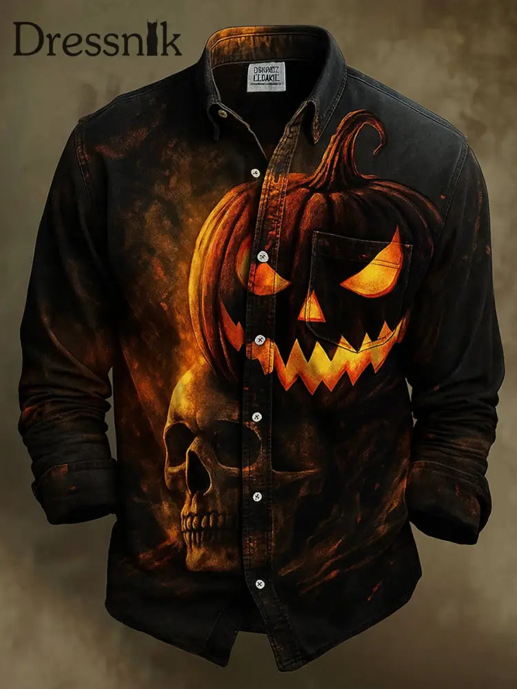 Retro Halloween Gothic Kunst Abstrakt Bedruckt Baumwolle Vintage Casual 100% Baumwolle Langarm Hemd A / S