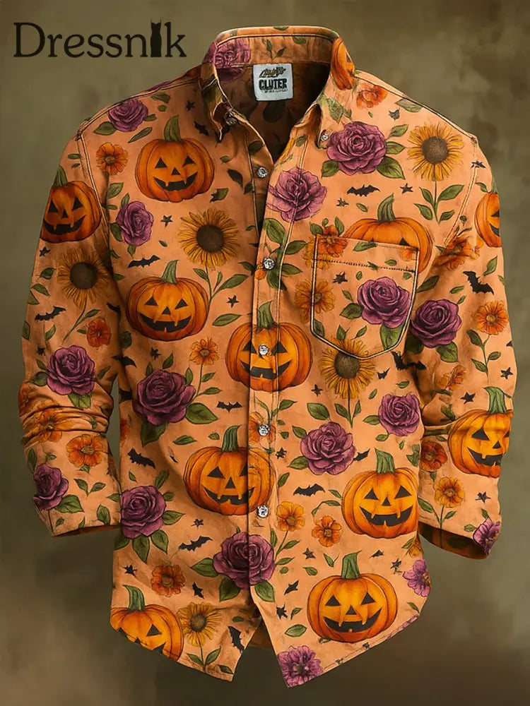 Retro Halloween Gothic Kunst Abstrakt Bedruckt Baumwolle Vintage Casual 100% Baumwolle Langarm Hemd A / S