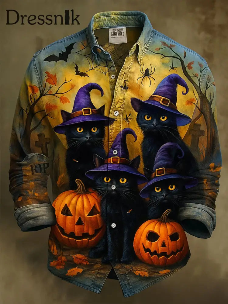 Retro Halloween Gothic Kunst Abstrakt Bedruckt Baumwolle Vintage Casual 100% Baumwolle Langarm Hemd A / S