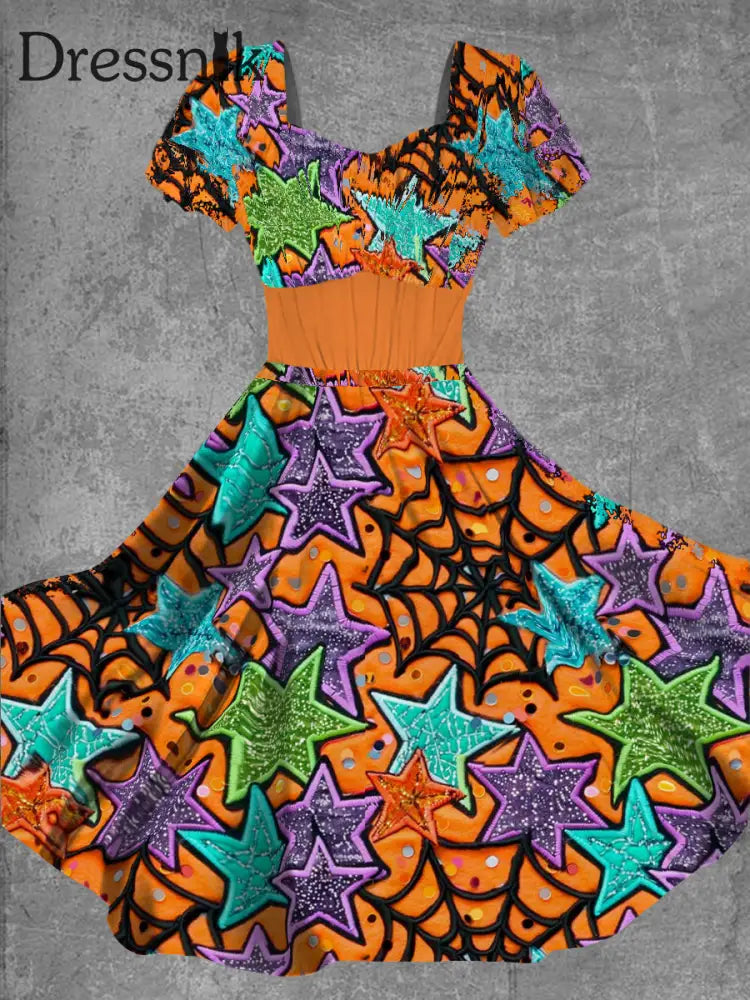 Retro Halloween Print V-Ausschnitt Elegantes Lockiges Kurzärmliges Langes Kleid A / S