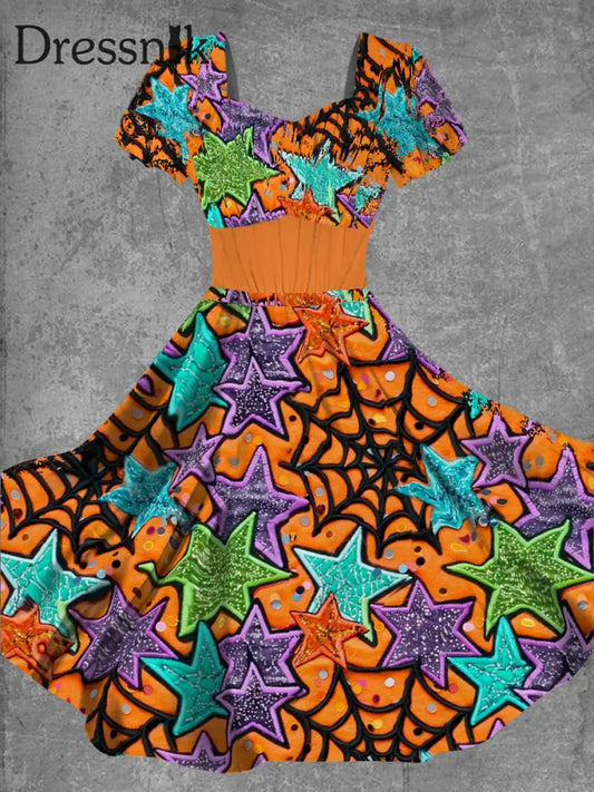 Retro Halloween Print V-Ausschnitt Elegantes Lockiges Kurzärmliges Langes Kleid A / S