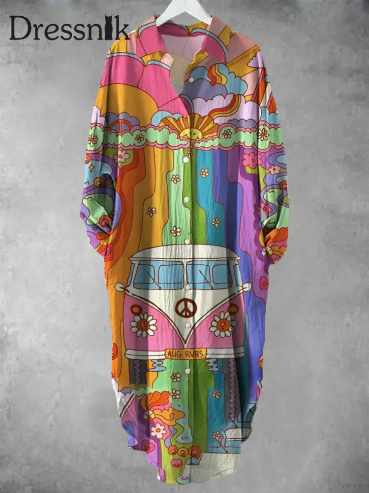 Retro Hippie Kunstdruck Schick Lange Ärmel Lässig V-Ausschnitt Mit Knöpfen Locker Hemd Kleid A / S