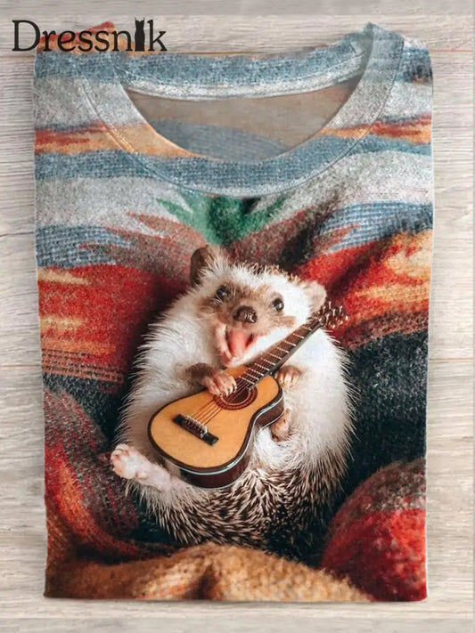 Retro Igel Spielen Gitarre Print Mode T-Shirt